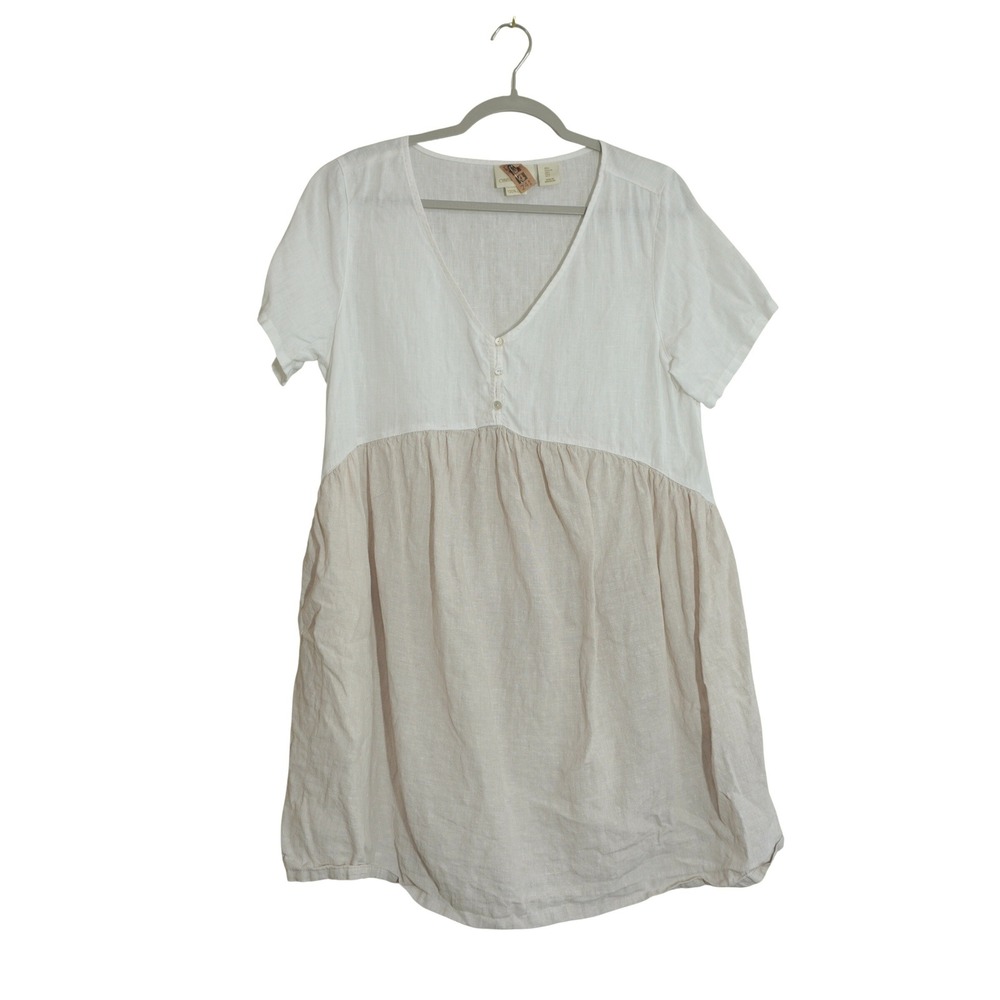 Cynthia Rowley Large Linen Mini Dress White Tan Colorblock V-Neck Short Sleeve